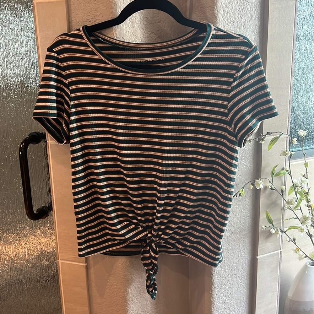 American Eagle Green and Orange striped tee with tie front